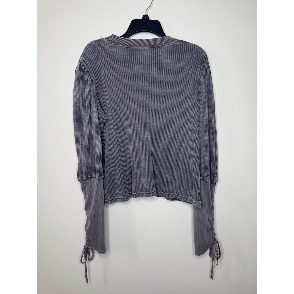 Free People FP One Grey Waffle Knit Puff Sleeve Lace Up Thermal Top Medium - Picture 4 of 5